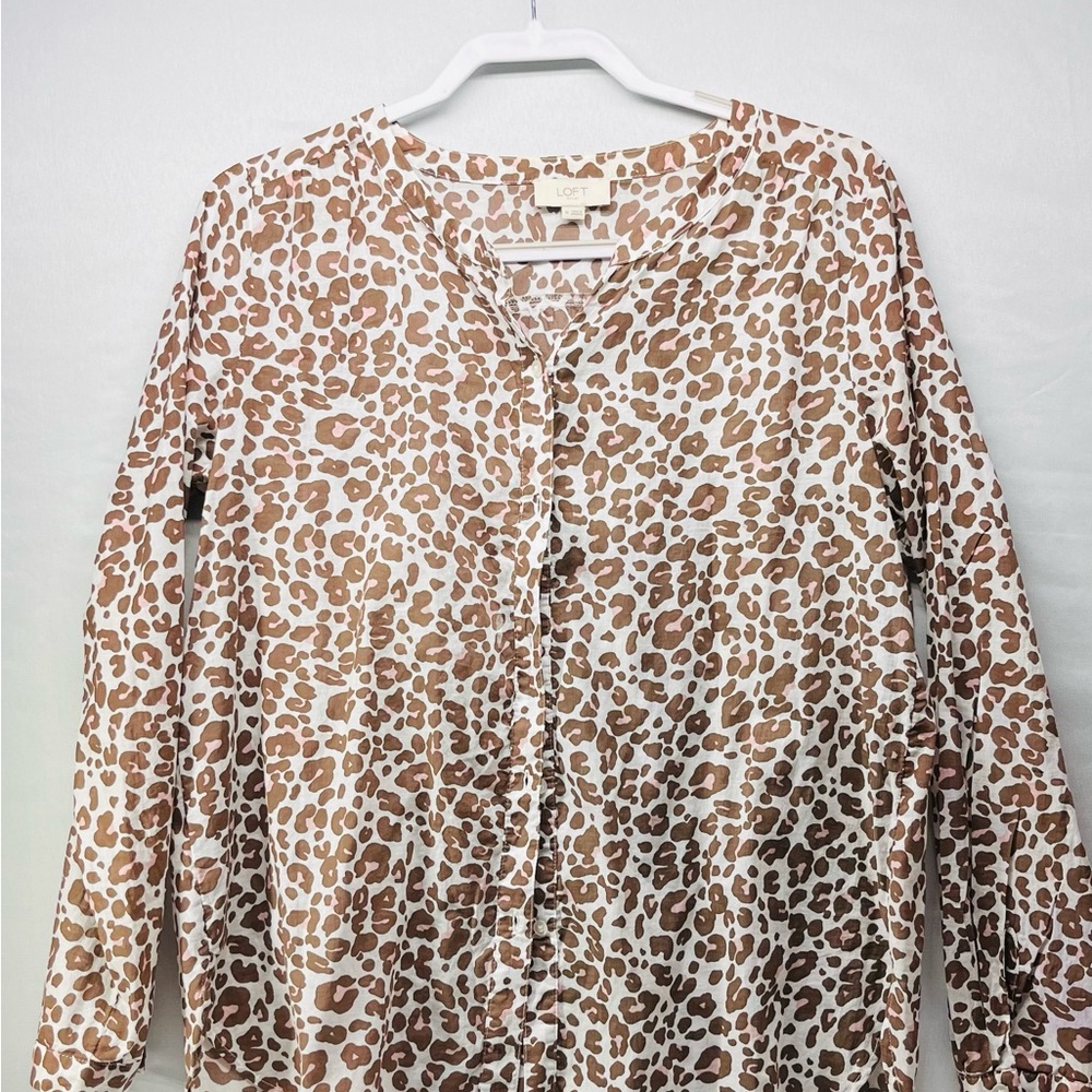 LOFT Cream and Brown Leopard Print Button-Front Blouse